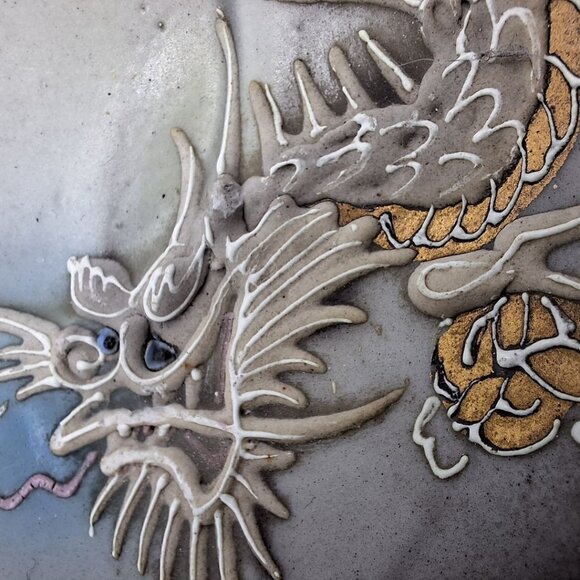 Dragonware Japanese Moriage Cream Pitcher Black Blue Raised Saucer Teacup Set - Picture 5 of 8